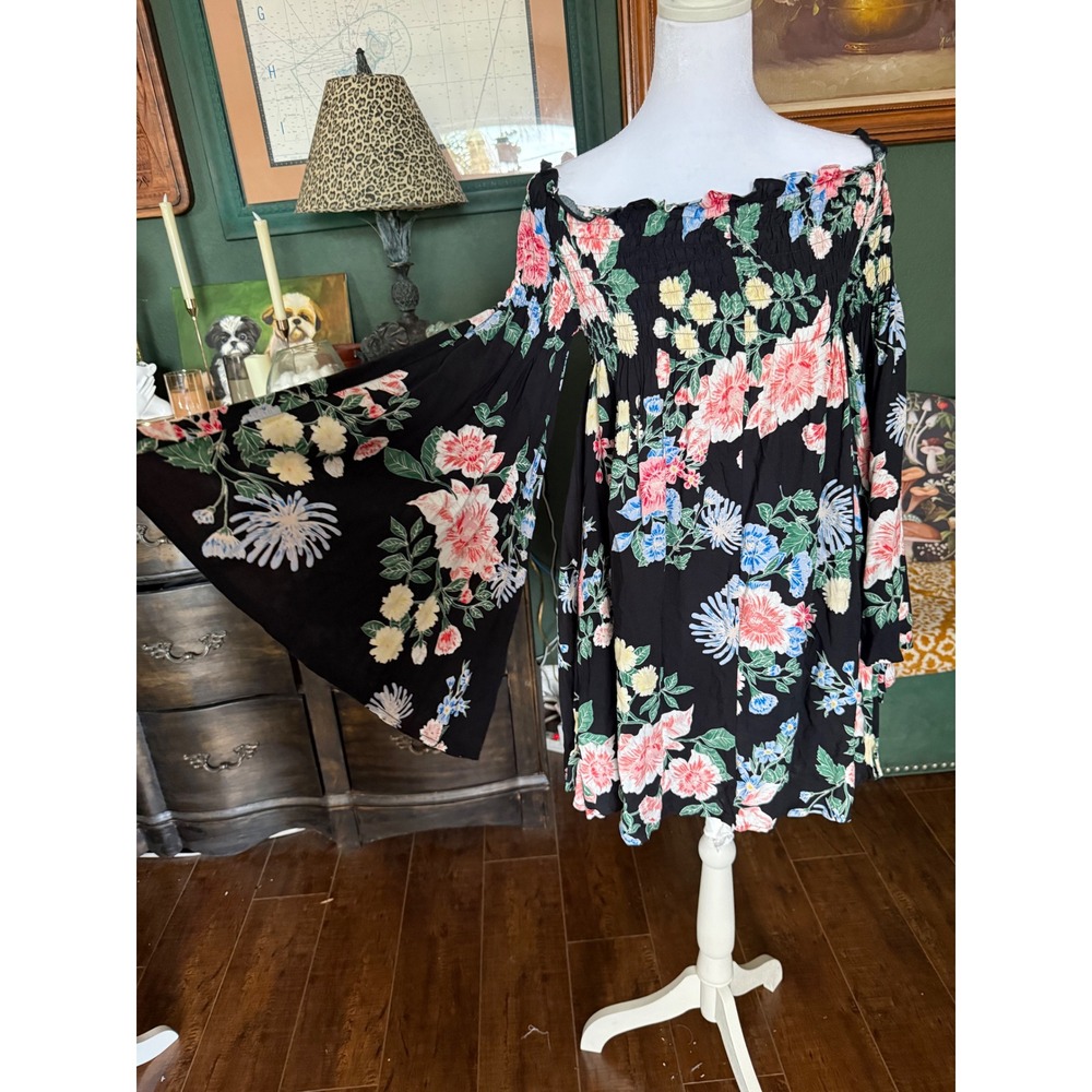 Favlu Black Floral Smocked Off Shoulder Bell Sleeve Boho Mini Dress M - Picture 5 of 7